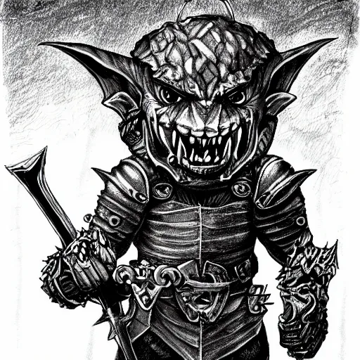 Prompt: goblin holding a sword, leather armor, sharp teeth, angry eyes, fantasy, dnd character, pen drawing, ink and paper, black and white, book illustration