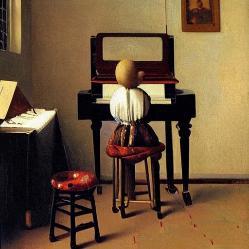 Image similar to octopus playing piano, sitting on the piano stool, oil painting, vermeer