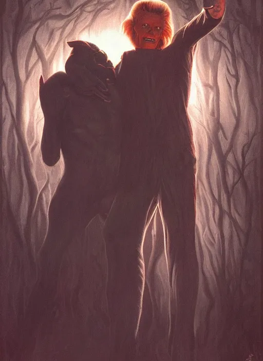 Image similar to twin peaks poster art, of the wendigo demon feeds on david bowie, by michael whelan, rossetti bouguereau, artgerm, retro, nostalgic, old fashioned