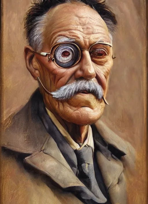 Prompt: Portrait Bust oil painting of and Old man by Jama Jurabaev with Robot eye Monocle, Art Deco, Gold, Cyborg, Brass, no glasses, Bust Portrait, Steam Punk, Wearing a worn out brown suit, extremely detailed, brush hard, brush strokes, Dorothea Lange, Migrant Mother, artstation