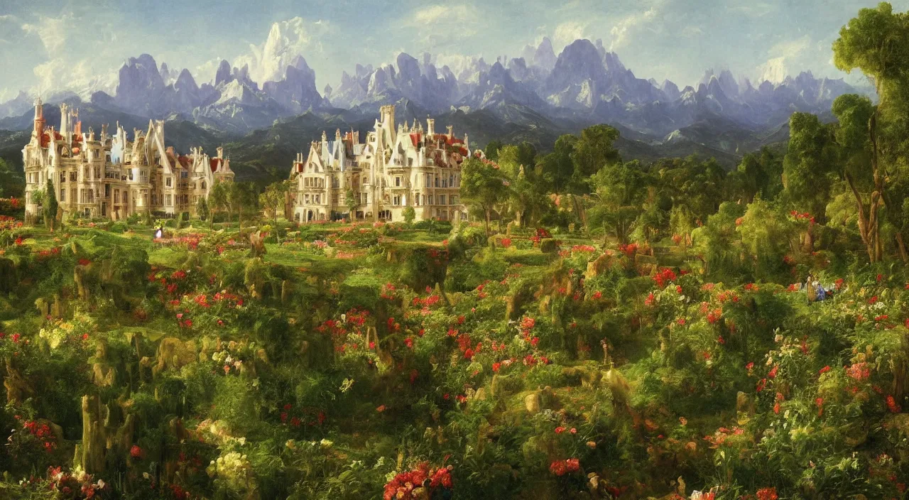 Prompt: a landscape painting of a manor designed by Antoni Gaudí, with flower fields as foreground, with mountains as background, by Thomas Cole