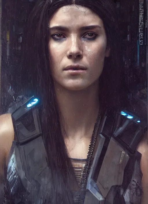 Prompt: Cyberpunk female version of the punisher (blade runner 2049, cyberpunk 2077). Beautiful face and afro. Orientalist portrait by john william waterhouse and James Gurney and Theodore Ralli and Nasreddine Dinet, oil on canvas. Cinematic, hyper realism, realistic proportions, dramatic lighting, high detail 4k