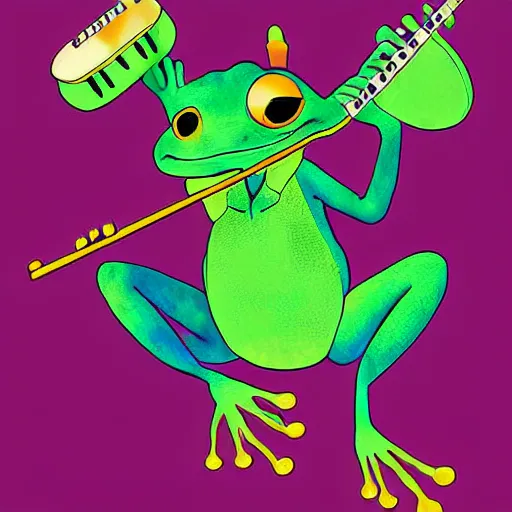 Prompt: cute anthro anime frog playing the banjo, digital art