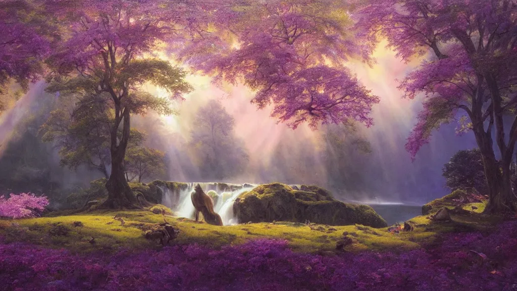 Image similar to the most beautiful panoramic landscape, oil painting, where a giant dreamy waterfall creates a river, the trees around are starting to bloom in pink, purple and yellow colors, a majestic deer is in close - up and it is under a giant tree while it is exhaling steam, the ray lights of the sunrise are brightening him, by greg rutkowski