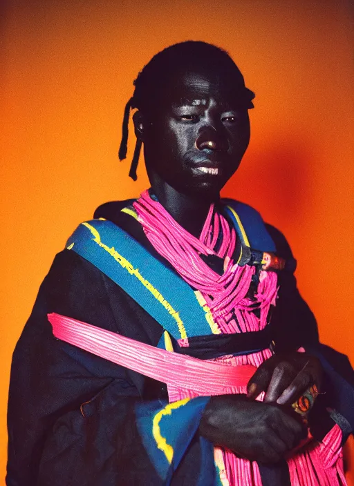 Prompt: analogue photo of an african chief in Haori & Hakama, 35mm, f/1.4, neon butterfly key light, national geographic, photographed by Martha Cooper,