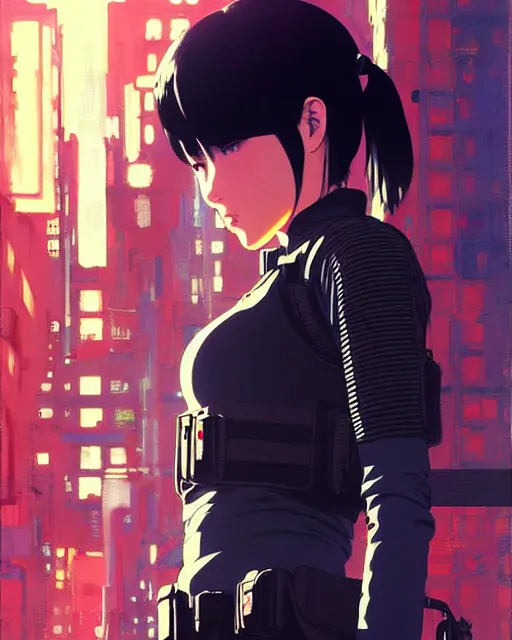 Image similar to girl wearing in tactical gear | | audrey plaza, fine detail!! anime!! realistic shaded lighting!! dramatic!! poster by ilya kuvshinov katsuhiro otomo ghost - in - the - shell, magali villeneuve, artgerm, jeremy lipkin and michael garmash and rob rey