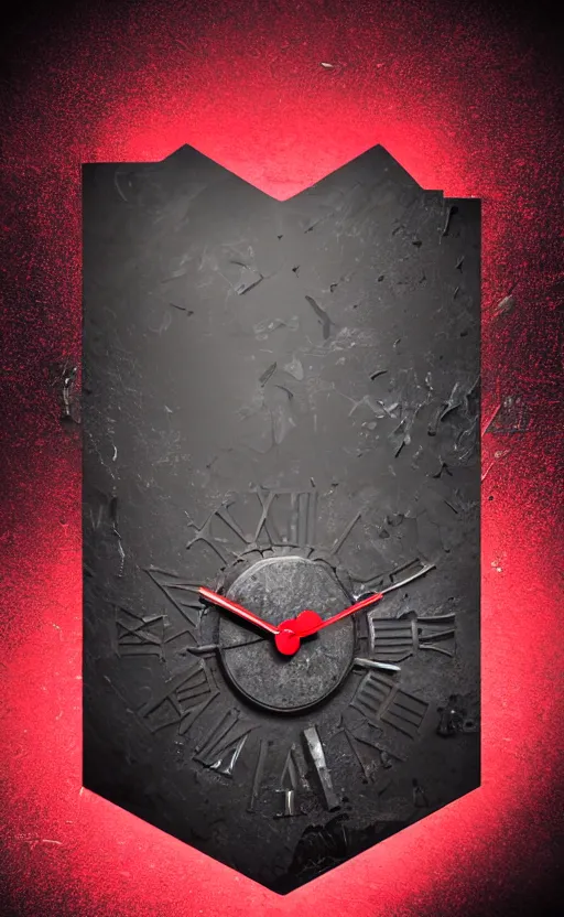 Image similar to a melting Roman numeral clock, behind a red and black gradient background, awith a black heart shaped on the top left corner and a black diamond card shape in the bottom right corner, dynamic lighting, photorealistic fantasy concept art, trending on art station, stunning visuals, cinematic, creative, ultra detailed