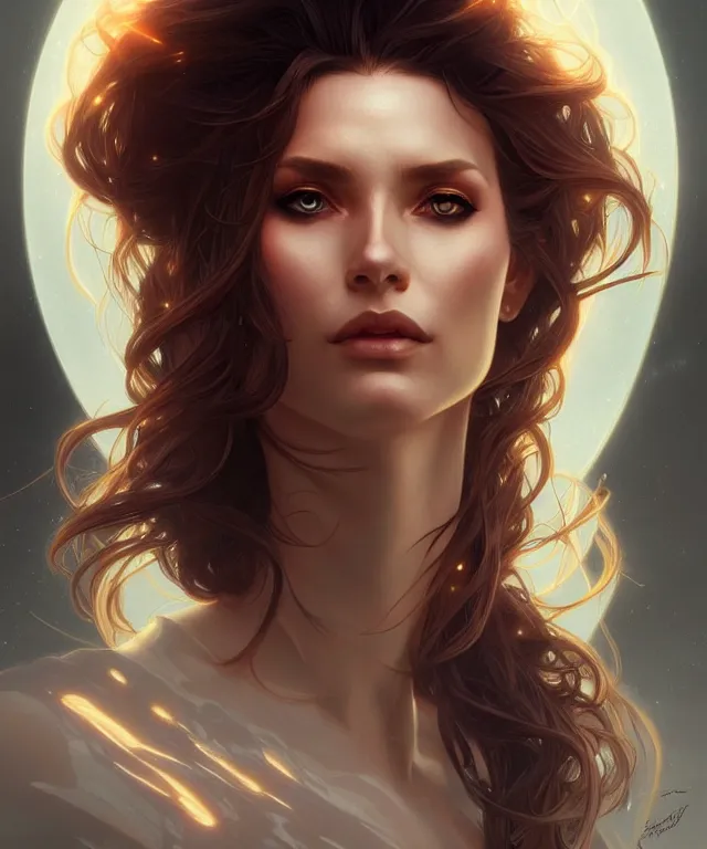 Image similar to futuristic woman portrait, sci - fi, amber eyes, face, long hair, fantasy, intricate, elegant, highly detailed, digital painting, artstation, concept art, smooth, sharp focus, illustration, art by artgerm and greg rutkowski and alphonse mucha