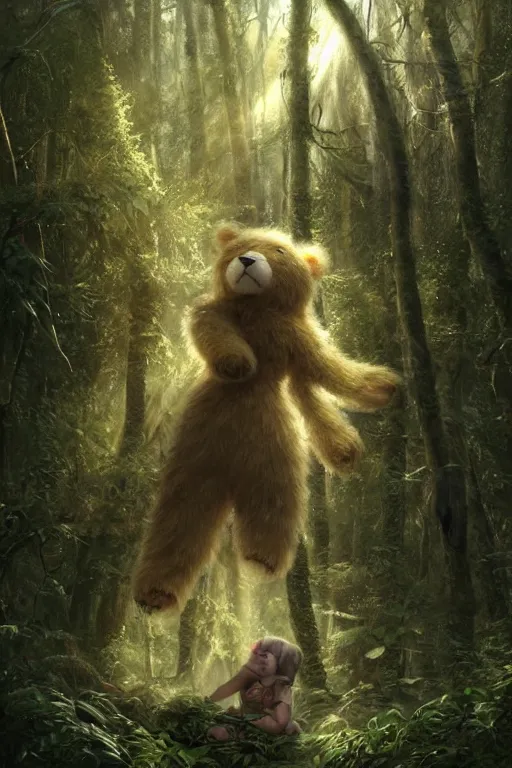 Image similar to mean fluffy teddybear protecting girl in a forest with rays of light coming through the canopy, masterpiece, dystopian, sci-fi, extremely detailed, digital painting, sculpted in zbrush, artstation, concept art, smooth, sharp focus, illustration, chiaroscuro lighting, golden ratio, incredible art, artgerm, greg rutkowski, alphonse mucha, simon stalenhag, carravaggio