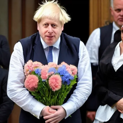 Prompt: boris johnson looking sad while wearing a maid costume