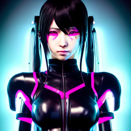 Image similar to An epic comic hyperrealistic portrait anime illustration of a cyber warrrior girl wearing futuristic wardrobe, black and reddis, ultradetailed face expression trending on artstation and artbreeder, cyberpunk 2077 color, heavy rainning at tokyo street night, neon ligh, DAZ, 8k, unreal 5 engine render, cosplay, RPG portrait, final fantasy Vll world concept, dramatic lighting, rim lights, PS5 render quality