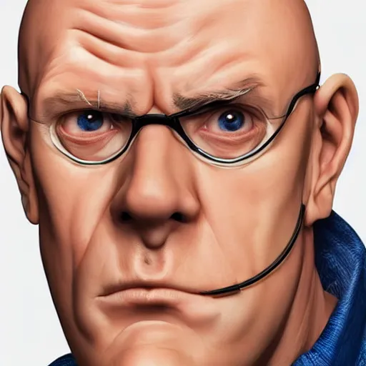 Image similar to A middle-aged Dr. Venture in real life with a hooked nose, a long gaunt face and skinny body and neck, very thin and bald, realistic, very realistic, hyperrealistic, highly detailed, very detailed, extremely detailed, detailed, digital art, oil painting, trending on artstation, headshot and bodyshot, detailed face, very detailed face, extremely detailed face, HD Quality, 8k resolution, very very detailed face, real life