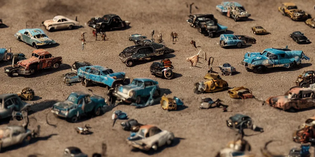 Prompt: needle felt of immortan joe and cars from fury road ( 2 0 1 5 ), tilt shift, action shot, detailed textures, action, dramatic light, god rays