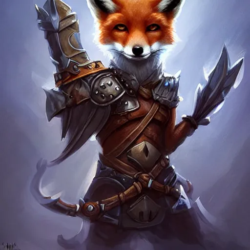 Prompt: cute anthropomorphic Fox using Warrior Armor from D&D, ultra wide lens shot , tiny, small, short, cute and adorable, pretty, beautiful, DnD character art portrait, matte fantasy painting, DeviantArt Artstation, by Jason Felix by Steve Argyle by Tyler Jacobson by Peter Mohrbacher, cinematic lighting