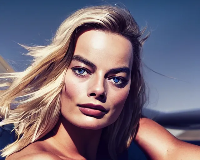 Image similar to a photo of margot robbie sitting on a flying plane, hyper realistic face, beautiful eyes, cinematic, long shot, hyper detailed, 8 5 mm photograph, 8 k resolution, film still, sharp lens, wide lens