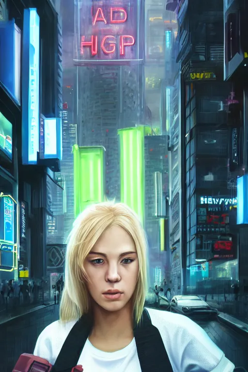 Image similar to blonde haired female lady wearing tech wear with a gun holster looking at a bank in a cyberpunk city full of high rise buildings and neon signs by Daniel F. Gerhartz, hyperrealistic oil painting, 4k, very detailed faces, studio lightning, hard focus, beautiful volumetric lighting, epic light, ultra detailed