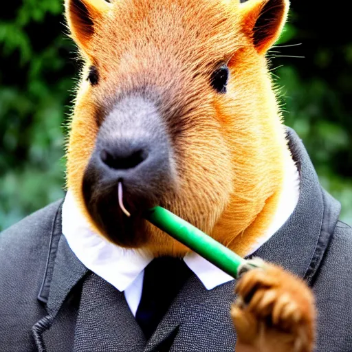 Image similar to an antropomorphic capybara wearing a suit smoking a cigar