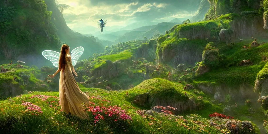 Image similar to an elegant winged fairy in the lord of the rings scenery landscape, looking out at a vast lush valley flowers and homes made of mushrooms, stream, sunrise, god's rays highly detailed, vivid color, cinematic lighting, perfect composition, 8 k, gustave dore, derek zabrocki, greg rutkowski, belsinski, octane render