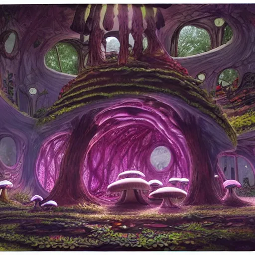 Image similar to concept art painting of a interior of a circular alien fairytale fantasy fungus house made of mushrooms, realistic, detailed, cel shaded, magenta and gray, dark, in the style of makoto shinkai and greg rutkowski and james gurney