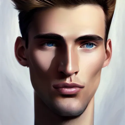 Image similar to tall man in his twenties with brown blond short quiff hair and thin slightly round facial structure with cleft chin, straight eyebrows and prominent nose, good definition of cheekbones, big hazel nut brown eyes, narrow face, slim body, atmospheric lighting, painted, intricate, 4 k, highly detailed by charlie bowater