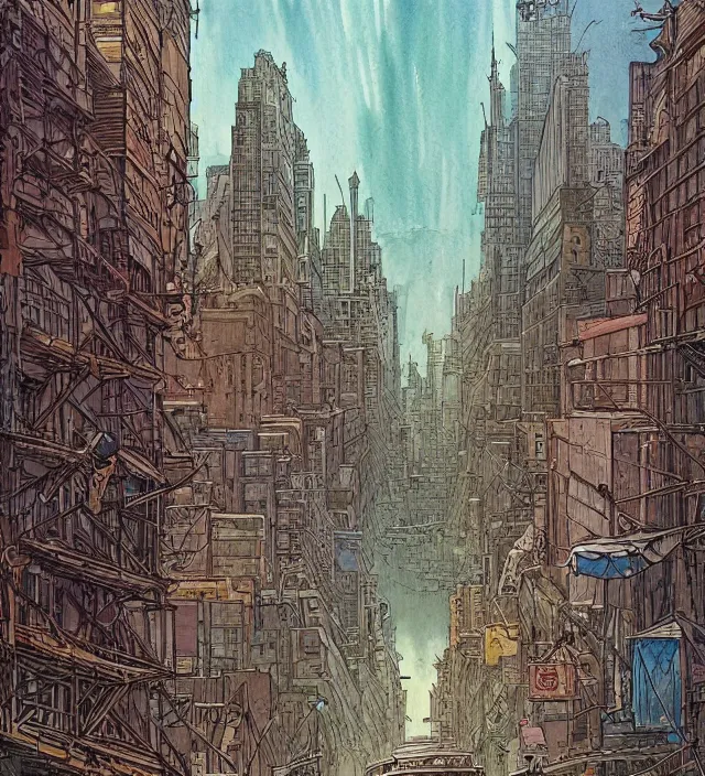 Image similar to a watercolor ink painting of a post - apocalyptic new - york in the style of jean giraud in the style of moebius trending on artstation deviantart pinterest detailed realistic hd 8 k high resolution