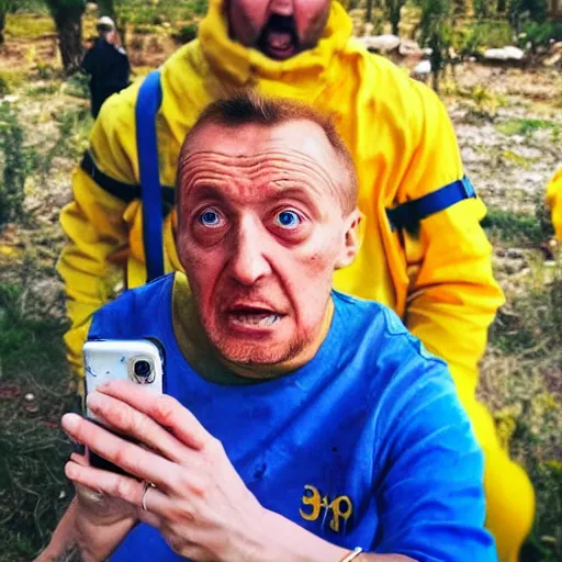 Image similar to 2 0 2 2 last selfie of last alive of frightened funny ukrainian in dirty yellow and blue clothes, trying to escape, badly injured from radiation to bones from a huge nuclear explosion at background