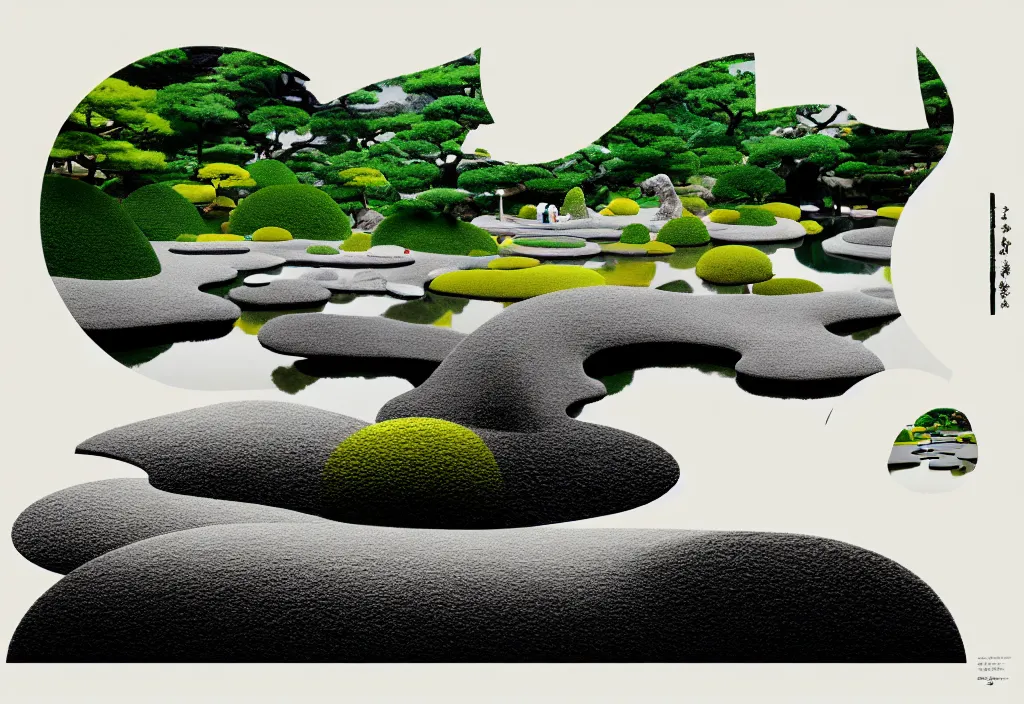 Image similar to zen garden kyoto, japan, a collage painting, in the style of wes anderson, lola dupre, david hockney, isolated on negative white space background dark monochrome fluorescent neon spraypaint accents volumetric octane render