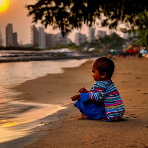 Image similar to a young baby girl sitting in mumbai watching the sunset