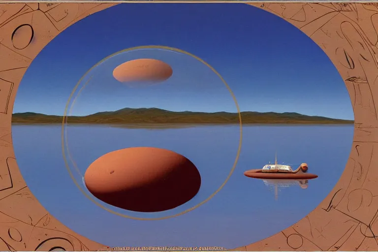 Image similar to a giant floating sphere covered in canadian aboriginal patterns hovering above a Yukon lake, painted by Ralph McQuarrie, matte painting