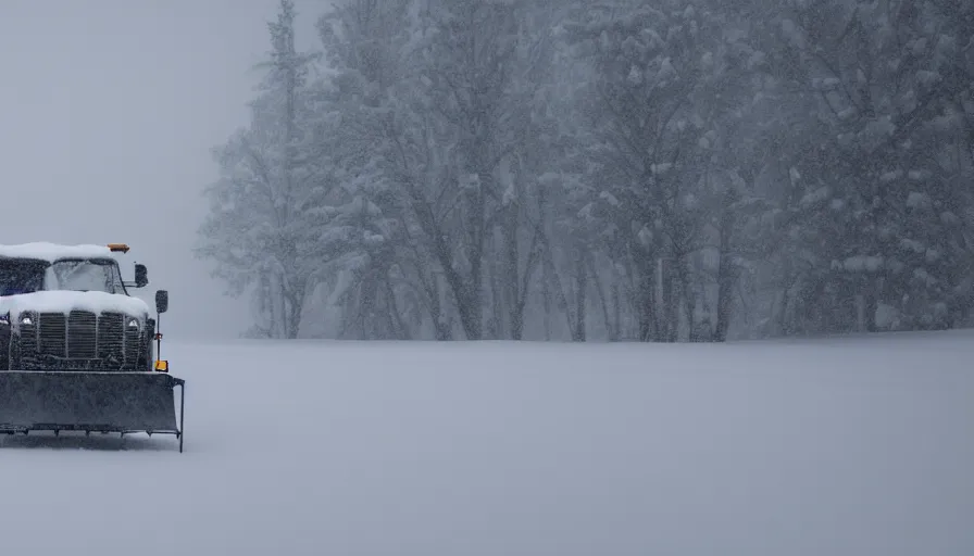 Image similar to snowplow covered by snow in beautiful winter landscape. fog, snowstorm, photorealistic rendering, octane, depth of field, blurry