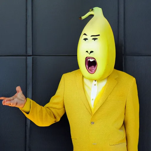 Image similar to banana head, a man wearing a suit banana head