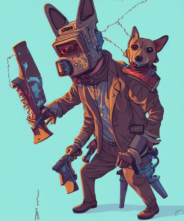 Image similar to a portrait of an anthropomorphic cyberpunk corgi! holding a chainsaw, fantasy, elegant, digital painting, artstation, concept art, matte, sharp focus, illustration, art by josan gonzalez