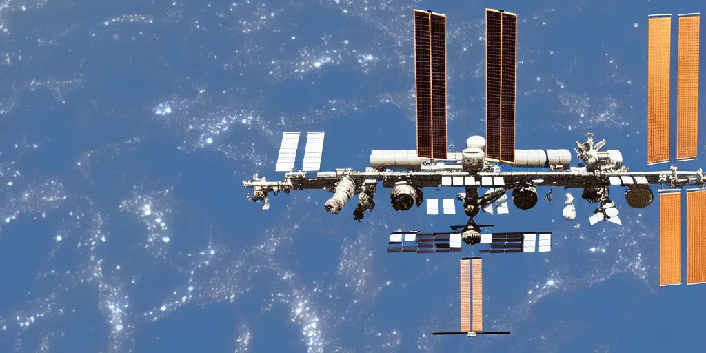 Image similar to a detailed sketch of the international space station, with the sun reflecting off of it's windows, various refining methods, micro macro autofocus, ultra definition, cinematic