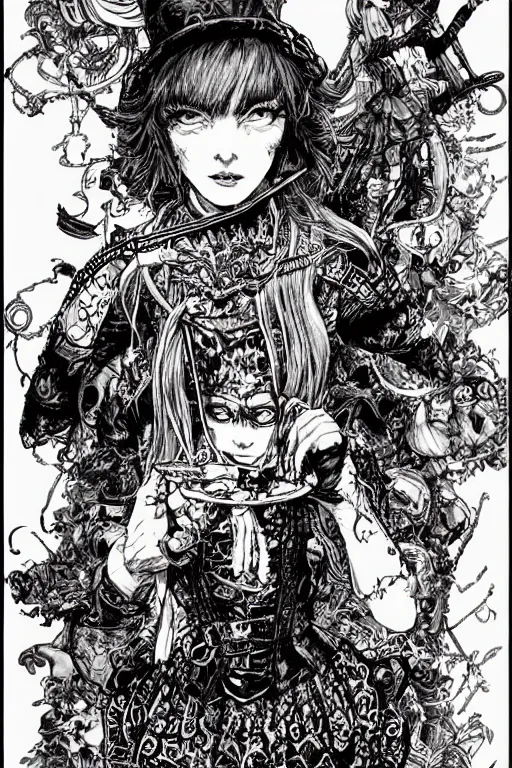 Prompt: Punk Alice in wonderland tarot card , pen and ink, intricate line drawings, by Yoshitaka Amano, Ruan Jia, Kentaro Miura, Artgerm, watercolor