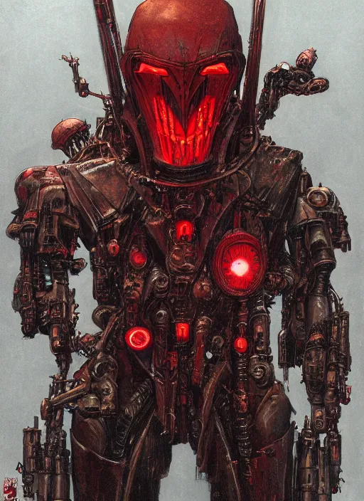 Image similar to portrait of rotten flash head adeptus mechanicus in red hood and robe from Warhammer 40000. Highly detailed, artstation, illustration by and John Blanche and zdislav beksinski and wayne barlowe