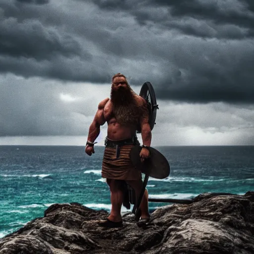 Image similar to cinematic shot of a muscular viking with a large beard standing on a rocky cliff with cloudy stormy weather in the sky, 8 k, very intricate, very detailed,