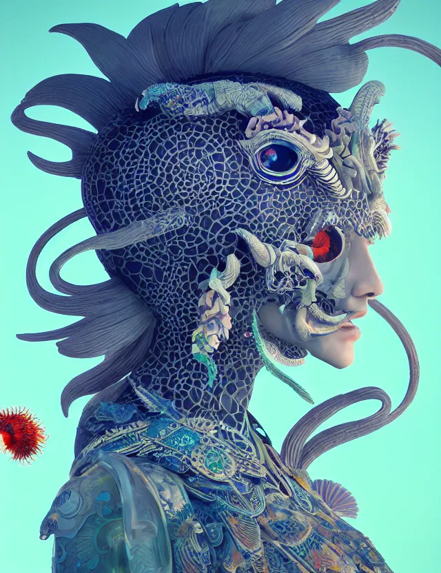 Image similar to 3 d goddess close - up profile solarpunk portrait ram skull. beautiful intricately detailed japanese crow kitsune mask and clasical japanese kimono. betta fish, jellyfish phoenix, bio luminescent, plasma, ice, water, wind, creature, artwork by tooth wu and wlop and beeple and greg rutkowski