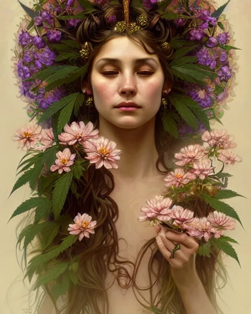 Image similar to portrait of goddess gaea, flowery face, upper body, decorated with cannabis flowers, intricate, elegant, highly detailed, digital painting, artstation, concept art, smooth, sharp focus, illustration, art by artgerm and greg rutkowski and alphonse mucha, 8 k