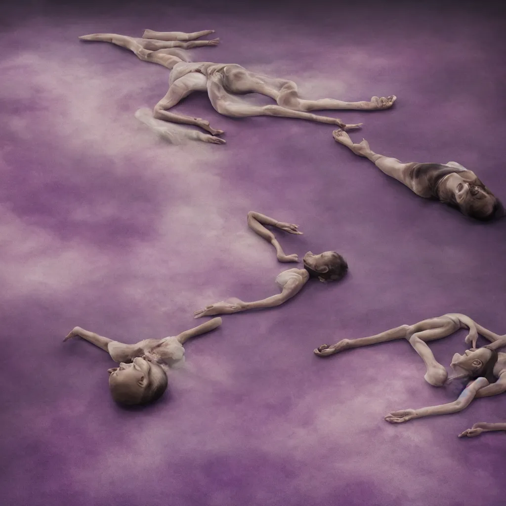 Image similar to iridiscent oil spill with women corpses connected by cables and computers to wax forms to a buried baby relaxing on yoga mat, faded, purple gradient, dust, purple fog, depth of field, by nadav kander and hans bellmer, 8 k, ultrarealistic, sad atmosphere, cinematic, 8 5 mm lens