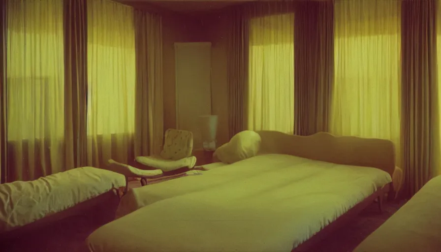 Prompt: 60s movie still of ballroom with light yellow beds, cinestill 800t 50mm eastmancolor, liminal Space style, heavy grain-s 150