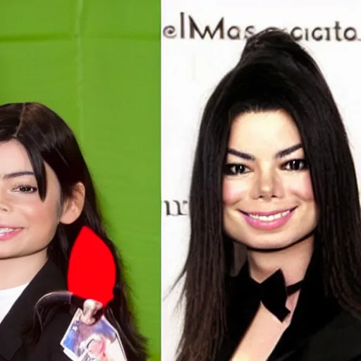 Prompt: michael jackson takes a picture with miranda cosgrove ,photorealism