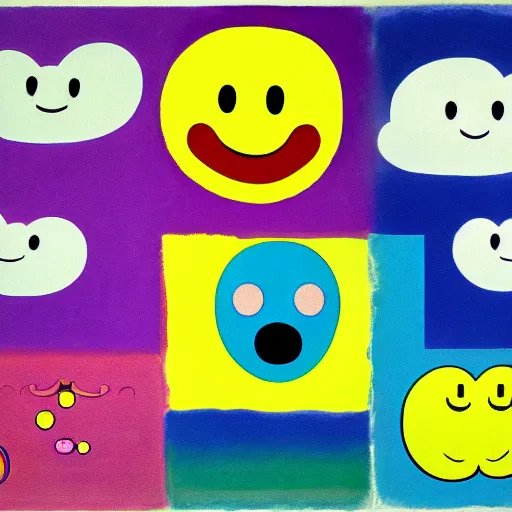 Image similar to clouds with rainbow colors, smiley faces, Edvard Munch, David Hockney, Takashi Murakami, Minimalist,