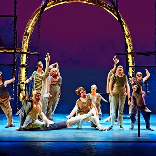 Image similar to award winning Production photo of Jaws the musical on broadway, dancing, singing, costumes by Julie Taymor, set design by Julie Taymor