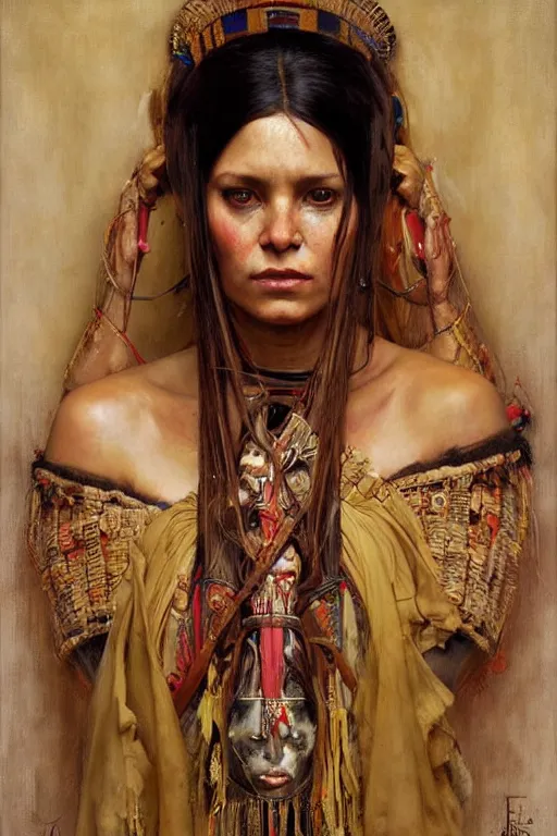 Prompt: hyper realistic painting portrait of mayan priestess by stjepan sejic, norman rockwell, michael hussar, roberto ferri and ruan jia, john william waterhouse, godward, david kassan