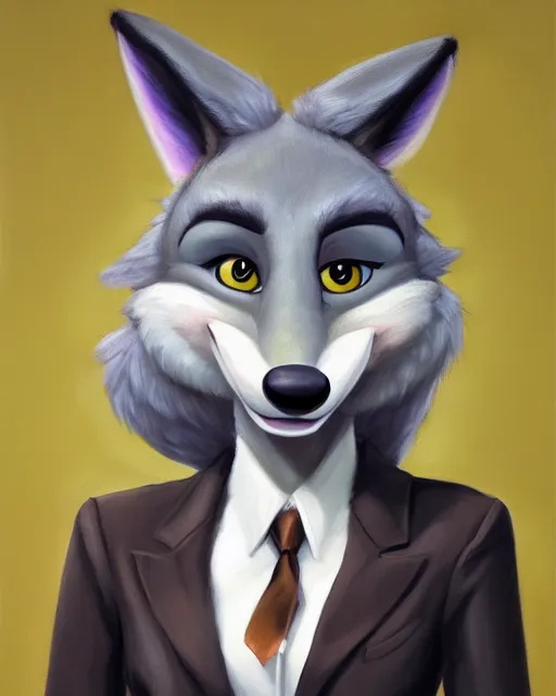 Image similar to oil painting of anthromorphic female wolf, in style of zootopia, female fursona, furry, furaffinity, 4 k, deviantart, furry art, fursona art, wearing black business suit, business suit, wolf fursona, female, very expressive detailed feminine face,