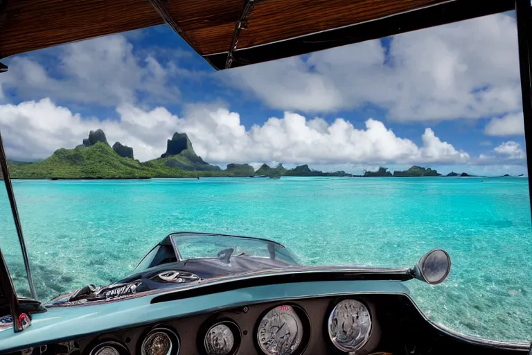 Prompt: cinematography of Ferrari 250 GTO series 2 in bora bora by Emmanuel Lubezki