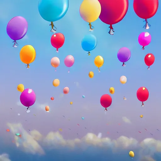 Image similar to a lot of floating birthday balloons. beautiful village. digital art, highly - detailed, artstation cgsociety masterpiece