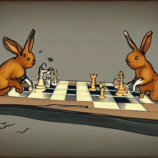 Prompt: concept art of two rabbits playing chess on a rowboat