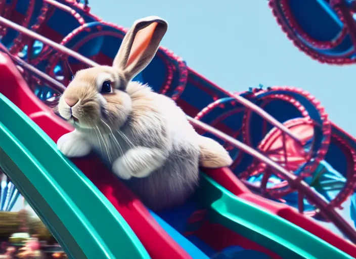 Image similar to film still of a bunny riding a roller coaster in disneyland paris, 8 k