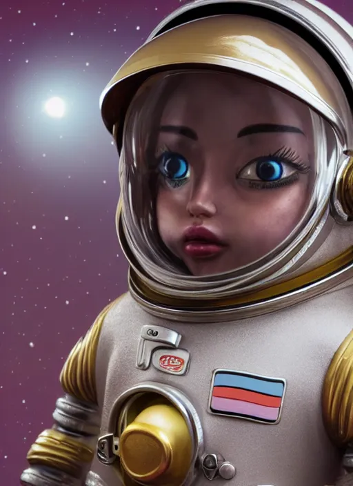 Image similar to highly detailed closeup, profile portrait of a tin toy spacegirl astronaut, bikini, unreal engine, nicoletta ceccoli, mark ryden, earl norem, lostfish, global illumination, detailed and intricate environment